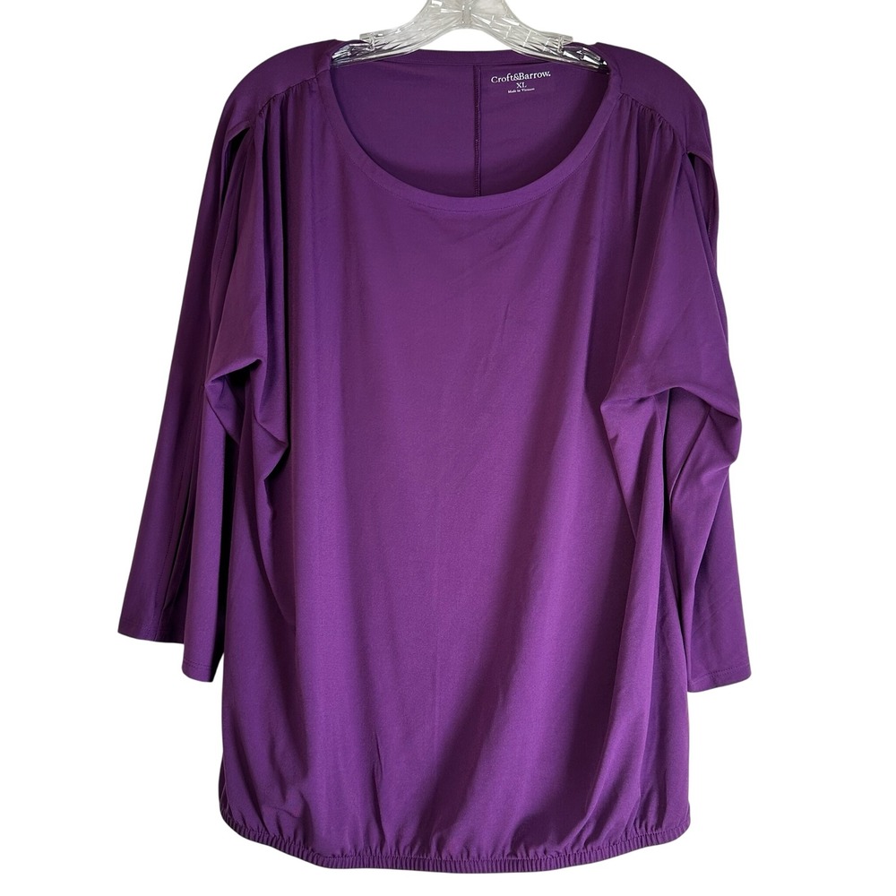 Croft & Barrow Purple Split Sleeve Blouson Top XL Scoop Neck Stretch Blouse